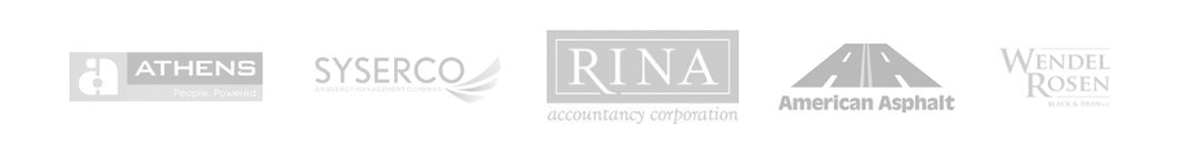 our-clients Logos of the following companies: Athens; Syserco; RINA Accounting corporation; American Asphalt; and Wendel Rosen.